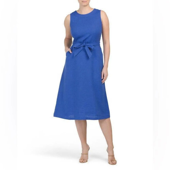Nicole Miller NY Linen Fit and Flare Midi Dress Blue - Picture 1 of 7